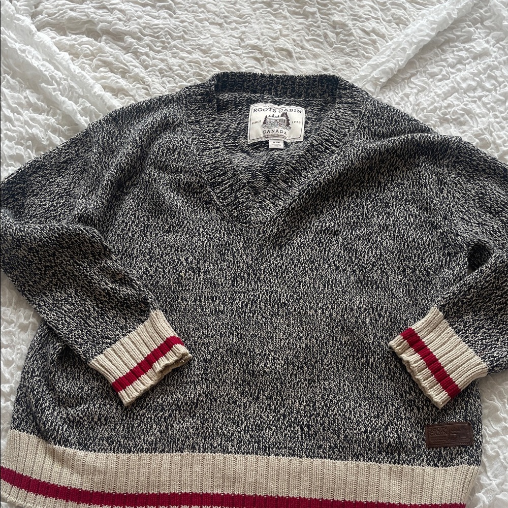 Roots Cabin Women's V-Neck Sweater in Gray with Cream and Red Accents